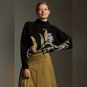 Anthropologie Black Floral Turtleneck Sweater